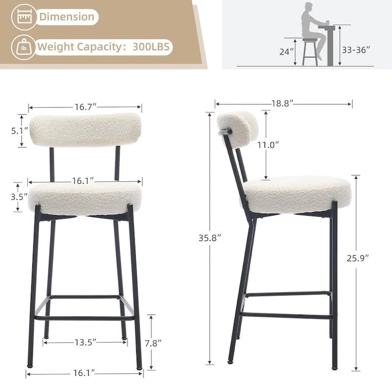 27 Inch Modern Boucle Counter Stools with Metal Frame and Footrest, Set of 2, 300 lbs Capacity