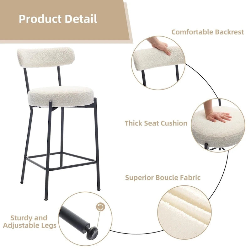27 Inch Modern Boucle Counter Stools with Metal Frame and Footrest, Set of 2, 300 lbs Capacity