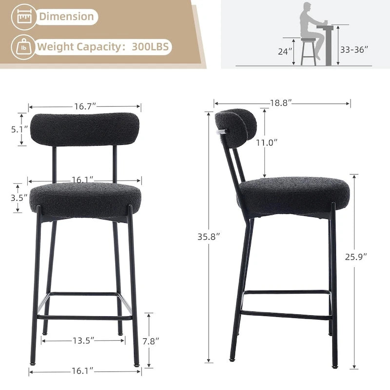 27 Inch Modern Boucle Counter Stools with Metal Frame and Footrest, Set of 2, 300 lbs Capacity