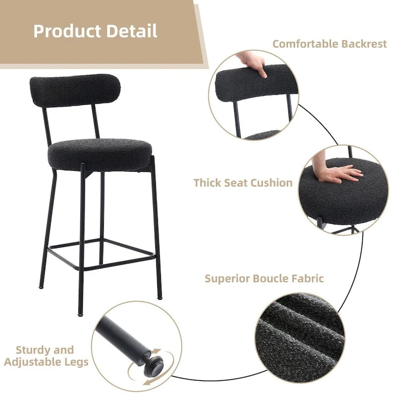 27 Inch Modern Boucle Counter Stools with Metal Frame and Footrest, Set of 2, 300 lbs Capacity