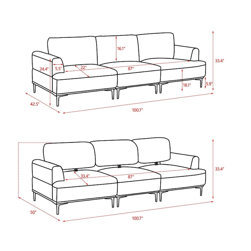 100.7 Inch Upholstered Sofa with Adjustable Sliding Backrest and Moveable Ottoman