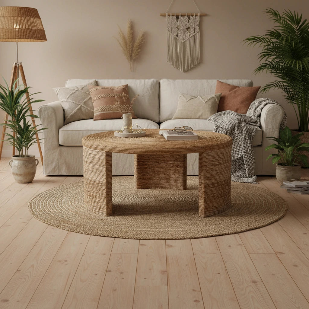 Asha 36 Inch Coffee Table, Round Shaped Top with Natural Rattan Wrapping