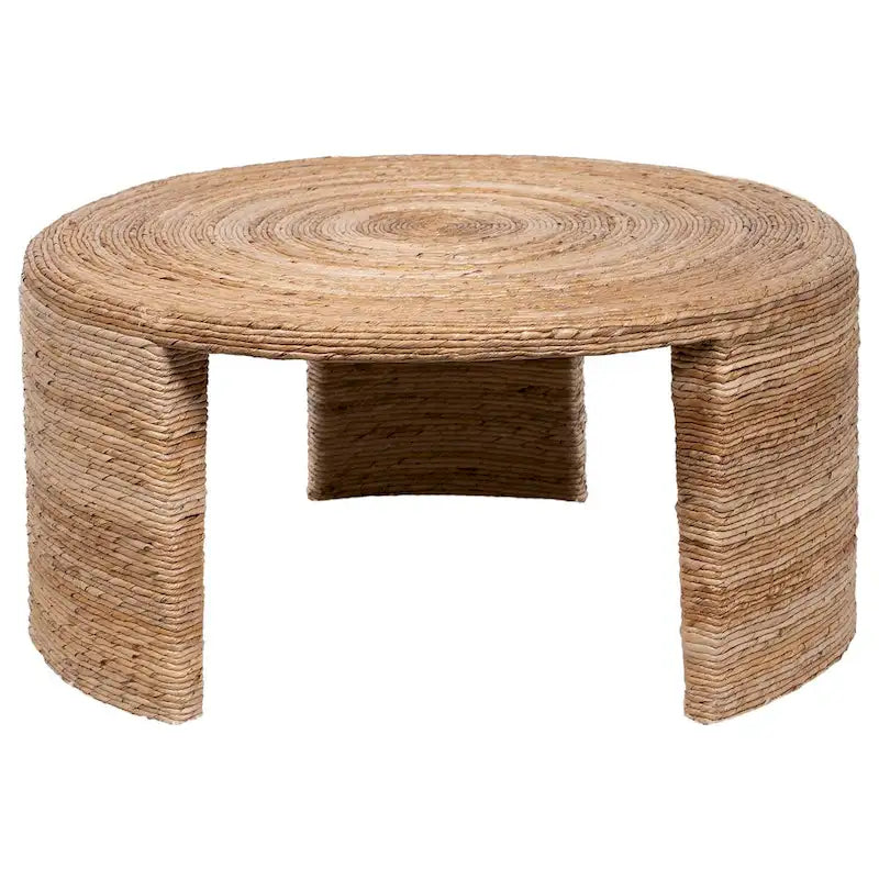 36 Inch Round Rattan Coffee Table, Bohemian Style Natural Rattan Wrapped Living Room Table
