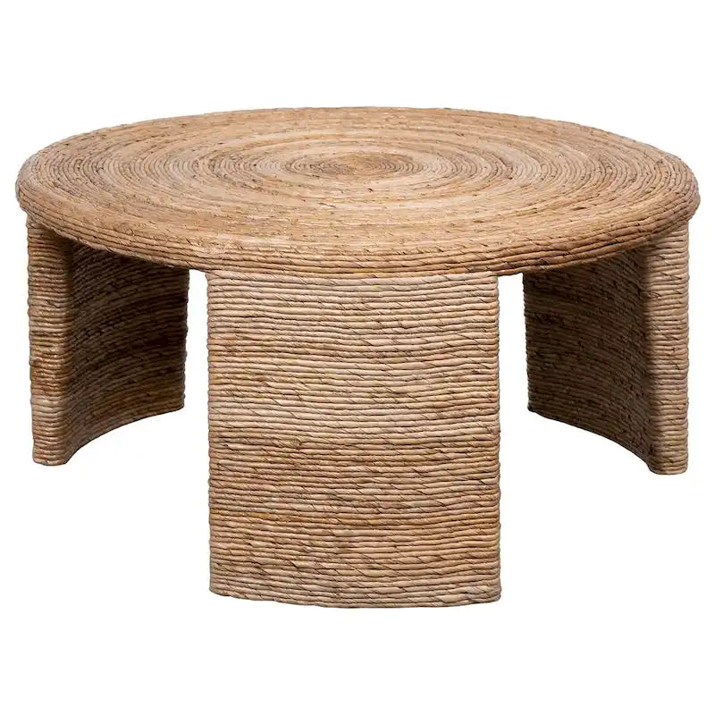 36 Inch Round Rattan Coffee Table, Bohemian Style Natural Rattan Wrapped Living Room Table