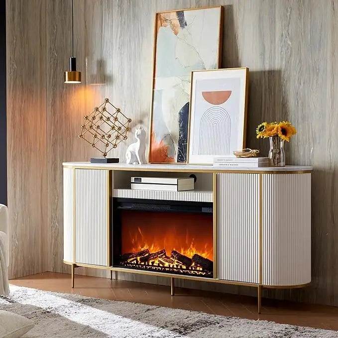 70 Inch Modern Luxury Fireplace TV Stand with Faux Marble Top, Gold Accents and Electric Fireplace