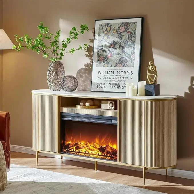 70 Inch Modern Luxury Fireplace TV Stand with Faux Marble Top, Gold Accents and Electric Fireplace