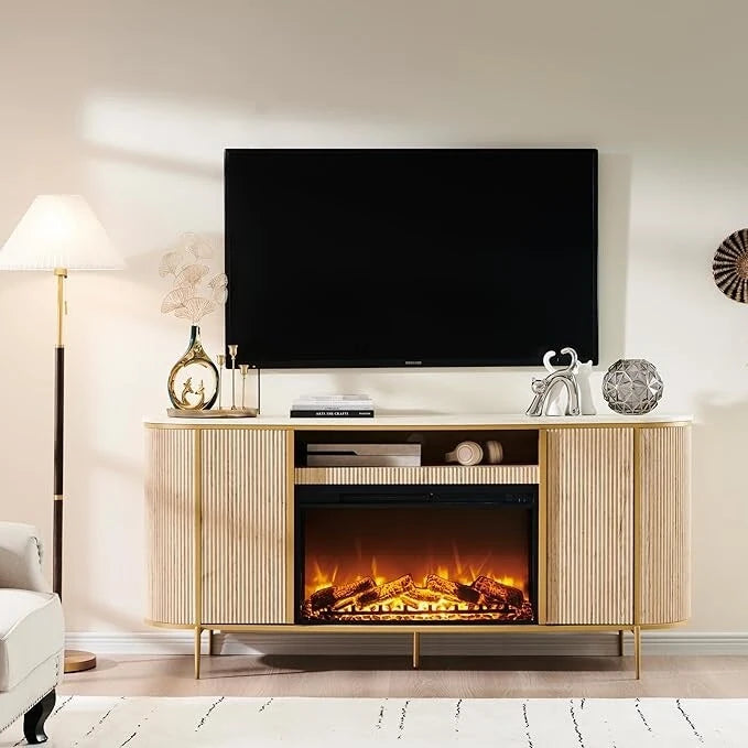 70 Inch Modern Luxury Fireplace TV Stand with Faux Marble Top, Gold Accents and Electric Fireplace