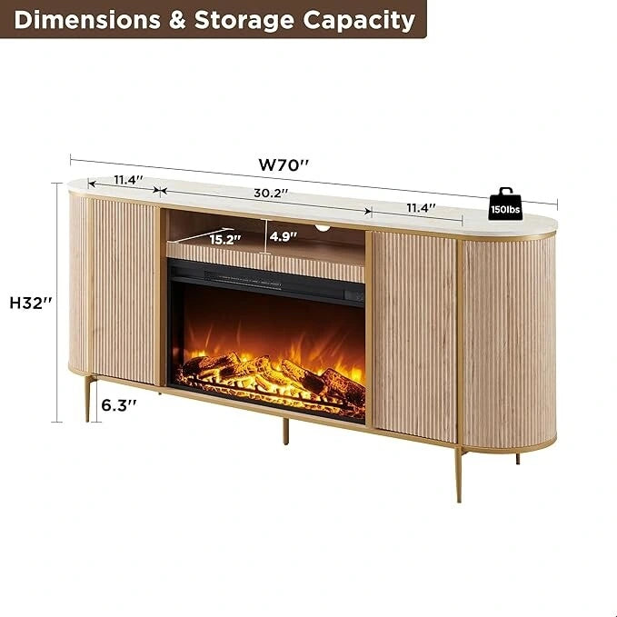 70 Inch Modern Luxury Fireplace TV Stand with Faux Marble Top, Gold Accents and Electric Fireplace
