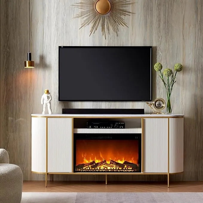 70 Inch Modern Luxury Fireplace TV Stand with Faux Marble Top, Gold Accents and Electric Fireplace