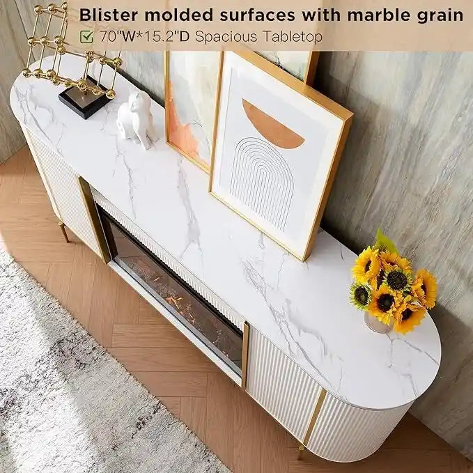 70 Inch Modern Luxury Fireplace TV Stand with Faux Marble Top, Gold Accents and Electric Fireplace