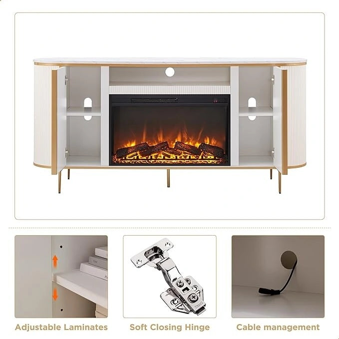 70 Inch Modern Luxury Fireplace TV Stand with Faux Marble Top, Gold Accents and Electric Fireplace