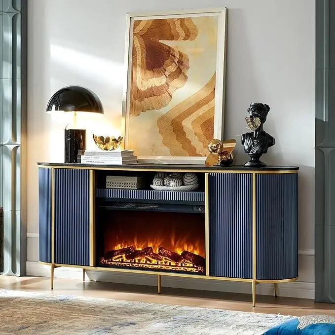 70 Inch Modern Luxury Fireplace TV Stand with Faux Marble Top, Gold Accents and Electric Fireplace