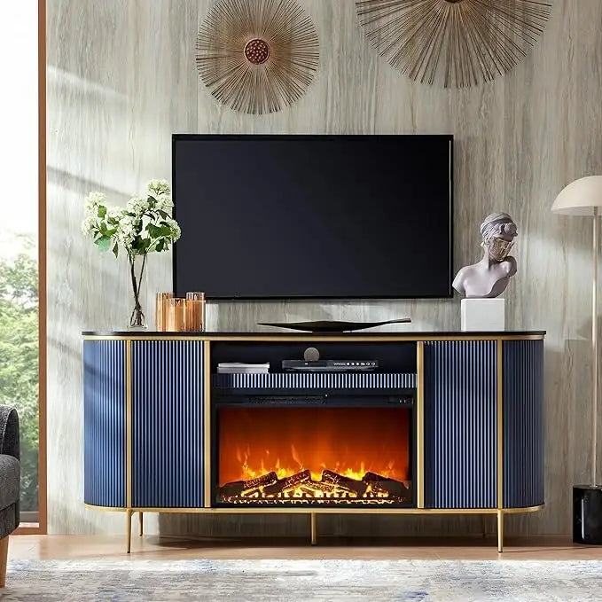 70 Inch Modern Luxury Fireplace TV Stand with Faux Marble Top, Gold Accents and Electric Fireplace
