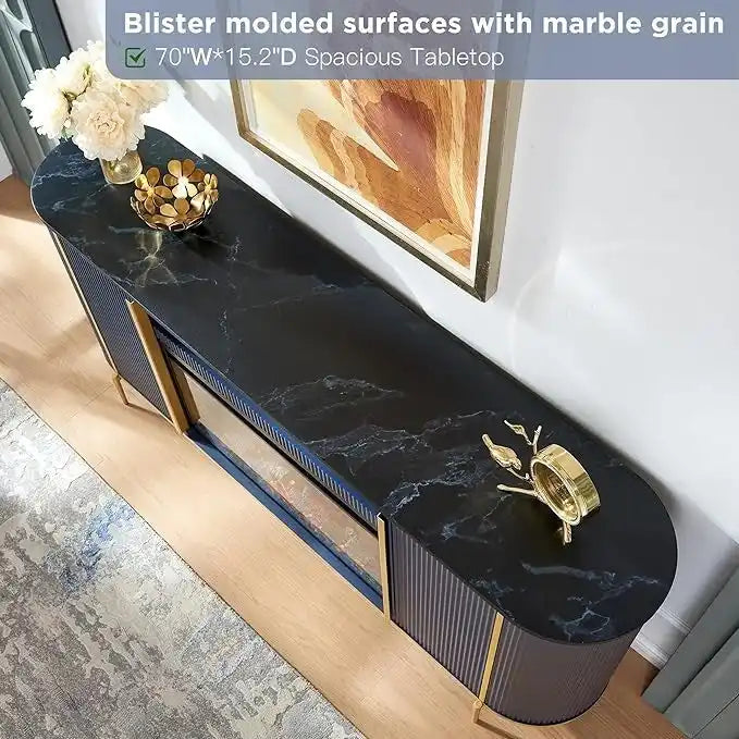 70 Inch Modern Luxury Fireplace TV Stand with Faux Marble Top, Gold Accents and Electric Fireplace