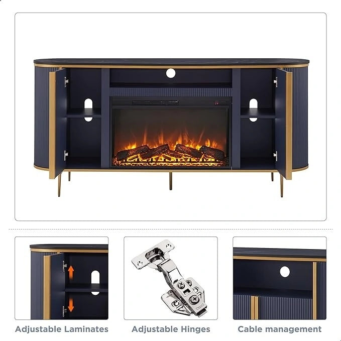 70 Inch Modern Luxury Fireplace TV Stand with Faux Marble Top, Gold Accents and Electric Fireplace