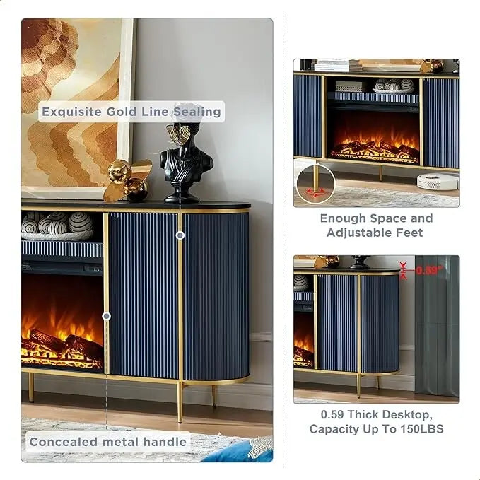 70 Inch Modern Luxury Fireplace TV Stand with Faux Marble Top, Gold Accents and Electric Fireplace