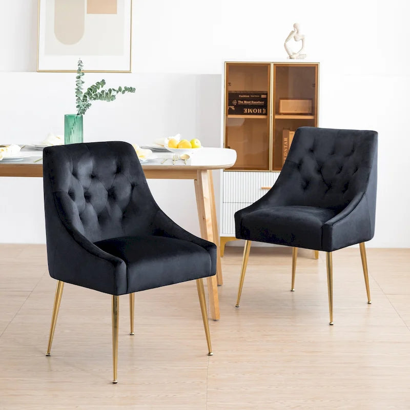 Mid-Century Velvet Upholstered Dining Chair with Gold Metal Legs and Diamond Pattern, Set of 2