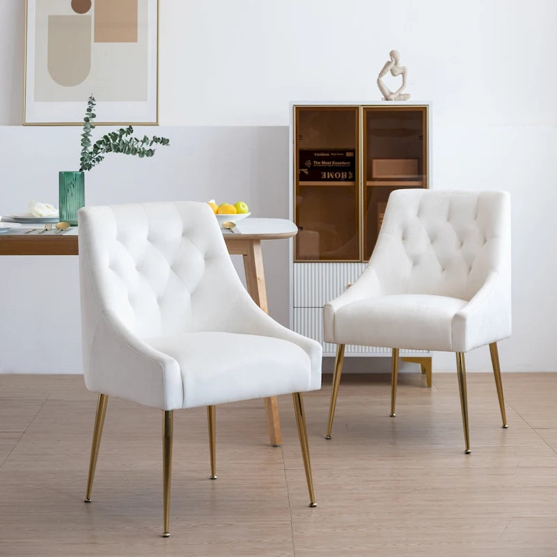 Mid-Century Velvet Upholstered Dining Chair with Gold Metal Legs and Diamond Pattern, Set of 2