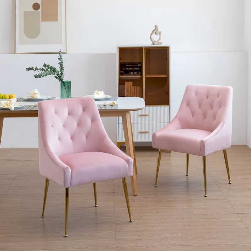 Mid-Century Velvet Upholstered Dining Chair with Gold Metal Legs and Diamond Pattern, Set of 2
