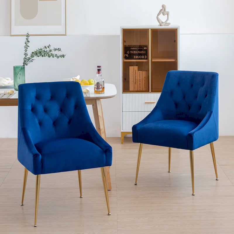 Mid-Century Velvet Upholstered Dining Chair with Gold Metal Legs and Diamond Pattern, Set of 2