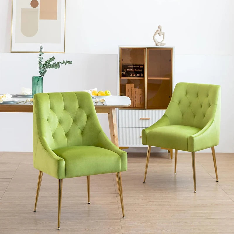 Mid-Century Velvet Upholstered Dining Chair with Gold Metal Legs and Diamond Pattern, Set of 2
