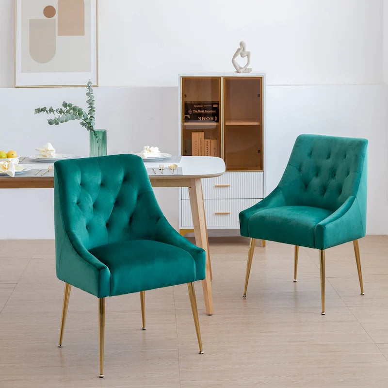 Mid-Century Velvet Upholstered Dining Chair with Gold Metal Legs and Diamond Pattern, Set of 2