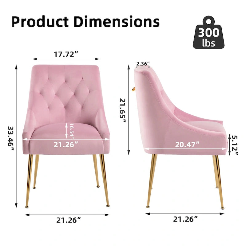 Mid-Century Velvet Upholstered Dining Chair with Gold Metal Legs and Diamond Pattern, Set of 2