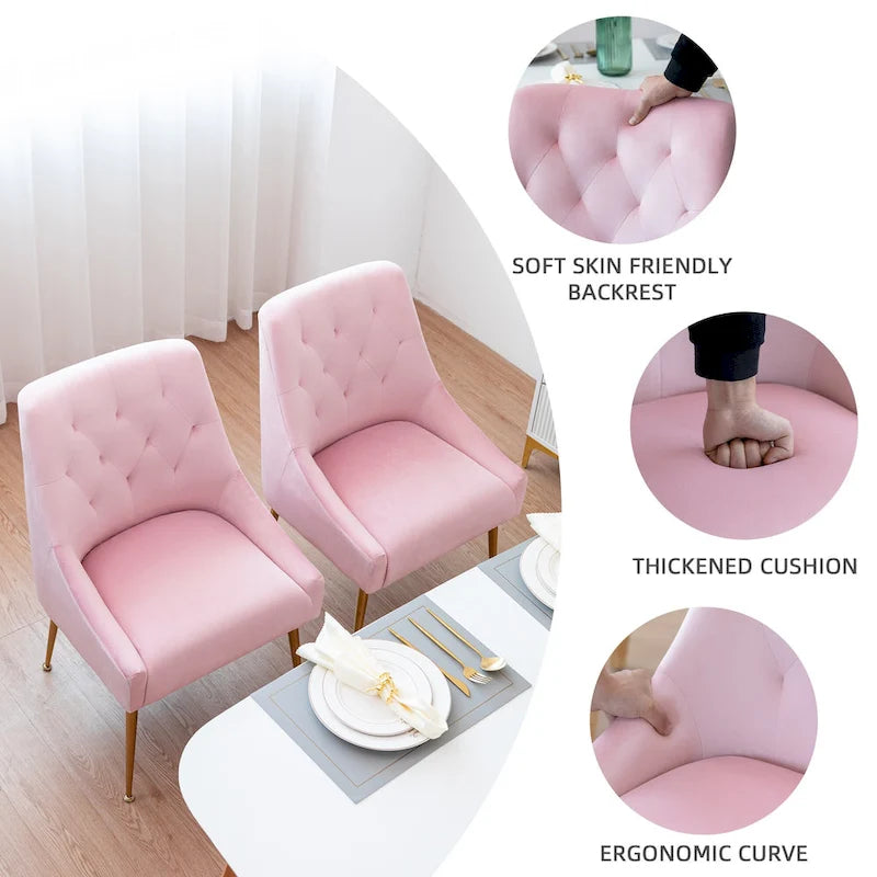 Mid-Century Velvet Upholstered Dining Chair with Gold Metal Legs and Diamond Pattern, Set of 2