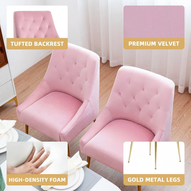 Mid-Century Velvet Upholstered Dining Chair with Gold Metal Legs and Diamond Pattern, Set of 2