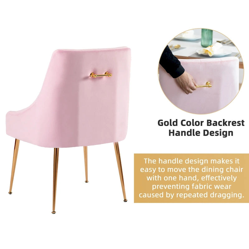 Mid-Century Velvet Upholstered Dining Chair with Gold Metal Legs and Diamond Pattern, Set of 2