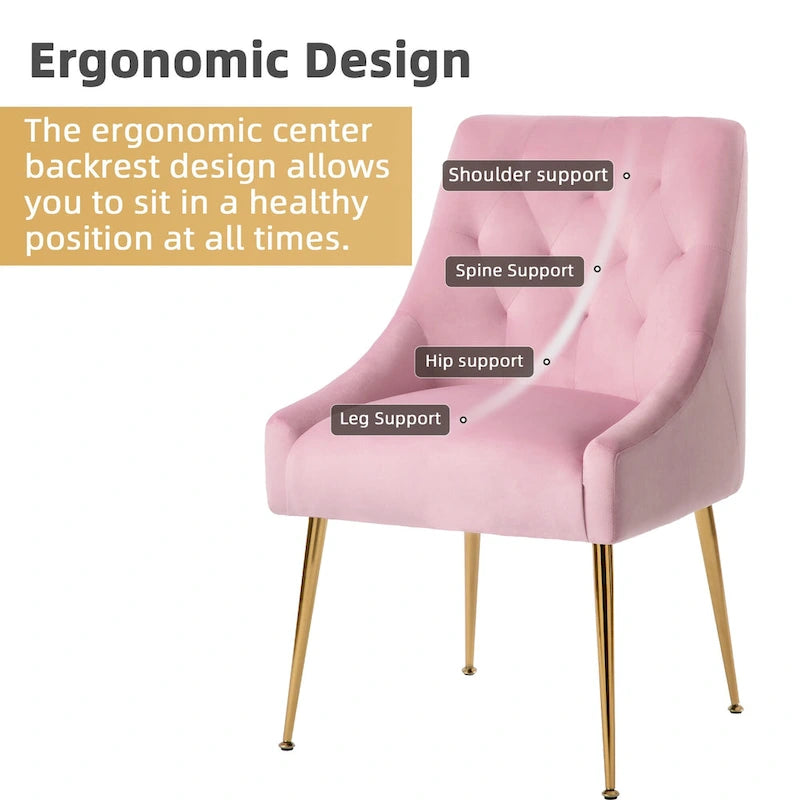 Mid-Century Velvet Upholstered Dining Chair with Gold Metal Legs and Diamond Pattern, Set of 2
