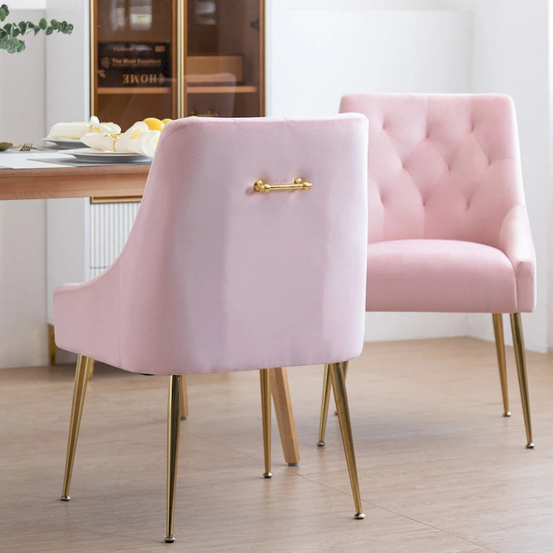 Mid-Century Velvet Upholstered Dining Chair with Gold Metal Legs and Diamond Pattern, Set of 2