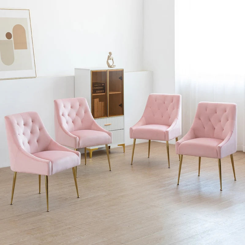 Mid-Century Velvet Upholstered Dining Chair with Gold Metal Legs and Diamond Pattern, Set of 2