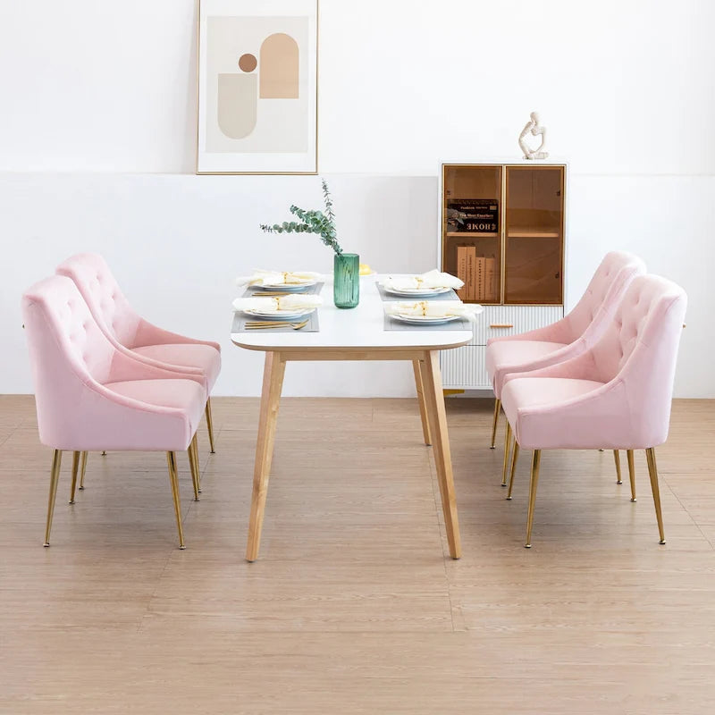Mid-Century Velvet Upholstered Dining Chair with Gold Metal Legs and Diamond Pattern, Set of 2