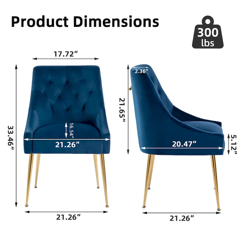 Mid-Century Velvet Upholstered Dining Chair with Gold Metal Legs and Diamond Pattern, Set of 2