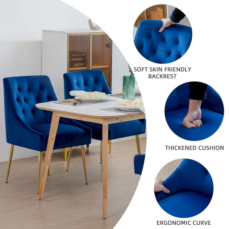 Mid-Century Velvet Upholstered Dining Chair with Gold Metal Legs and Diamond Pattern, Set of 2