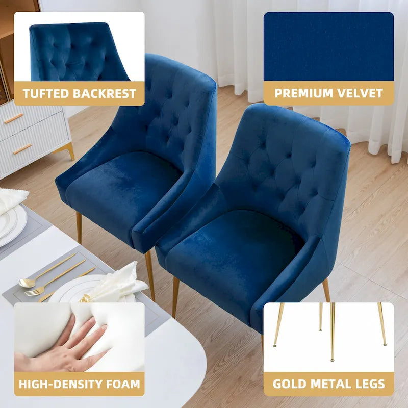 Mid-Century Velvet Upholstered Dining Chair with Gold Metal Legs and Diamond Pattern, Set of 2