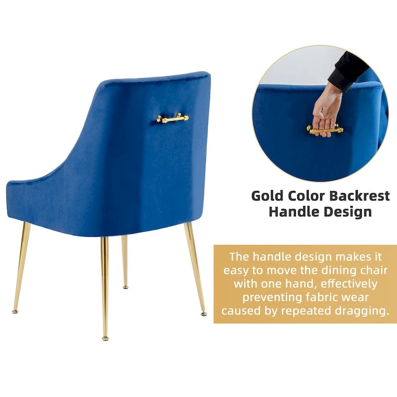 Mid-Century Velvet Upholstered Dining Chair with Gold Metal Legs and Diamond Pattern, Set of 2