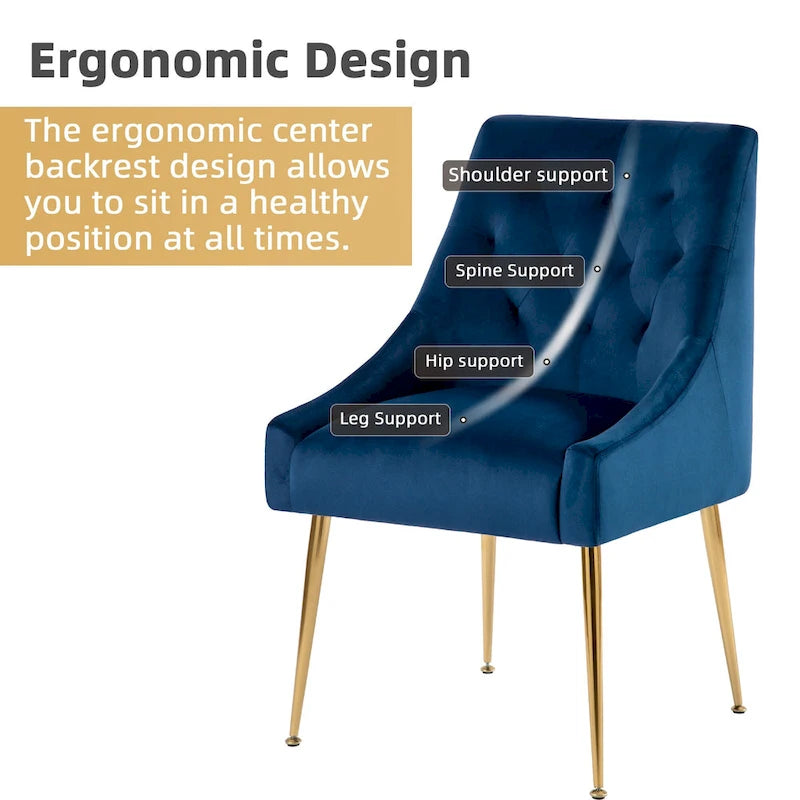 Mid-Century Velvet Upholstered Dining Chair with Gold Metal Legs and Diamond Pattern, Set of 2