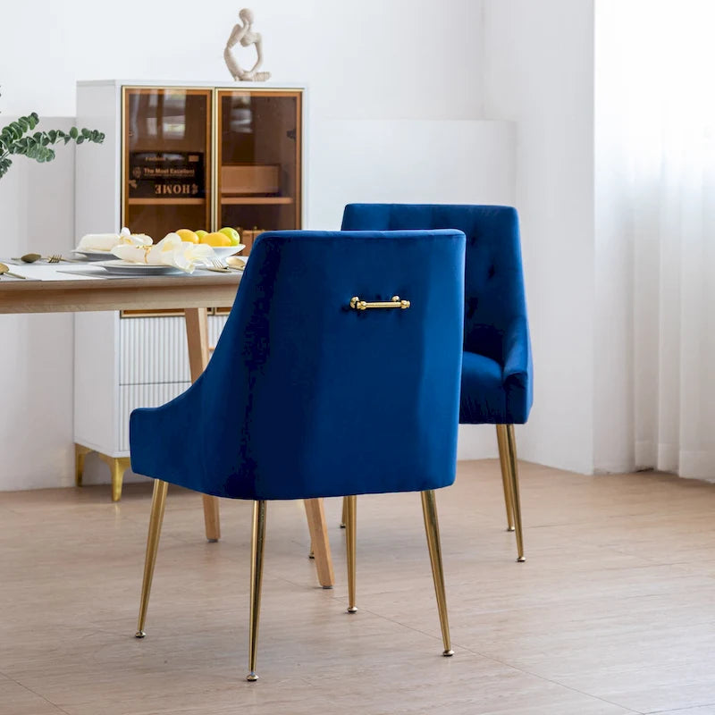 Mid-Century Velvet Upholstered Dining Chair with Gold Metal Legs and Diamond Pattern, Set of 2