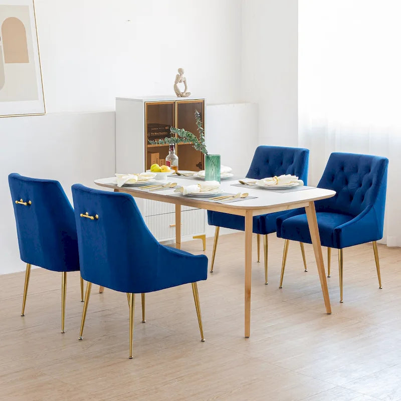 Mid-Century Velvet Upholstered Dining Chair with Gold Metal Legs and Diamond Pattern, Set of 2