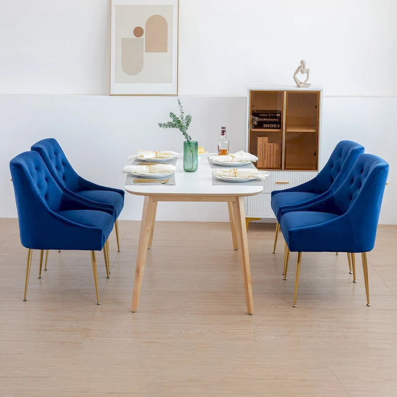 Mid-Century Velvet Upholstered Dining Chair with Gold Metal Legs and Diamond Pattern, Set of 2