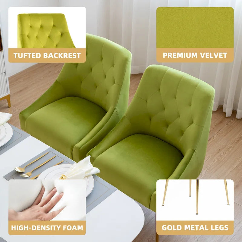 Mid-Century Velvet Upholstered Dining Chair with Gold Metal Legs and Diamond Pattern, Set of 2