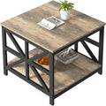 Square Coffee Table with Storage Shelves and X-Shape Metal Legs, 27.6 x 27.6 x 17.7 Inch