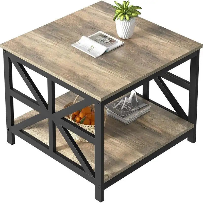 Square Coffee Table with Storage Shelves and X-Shape Metal Legs, 27.6 x 27.6 x 17.7 Inch