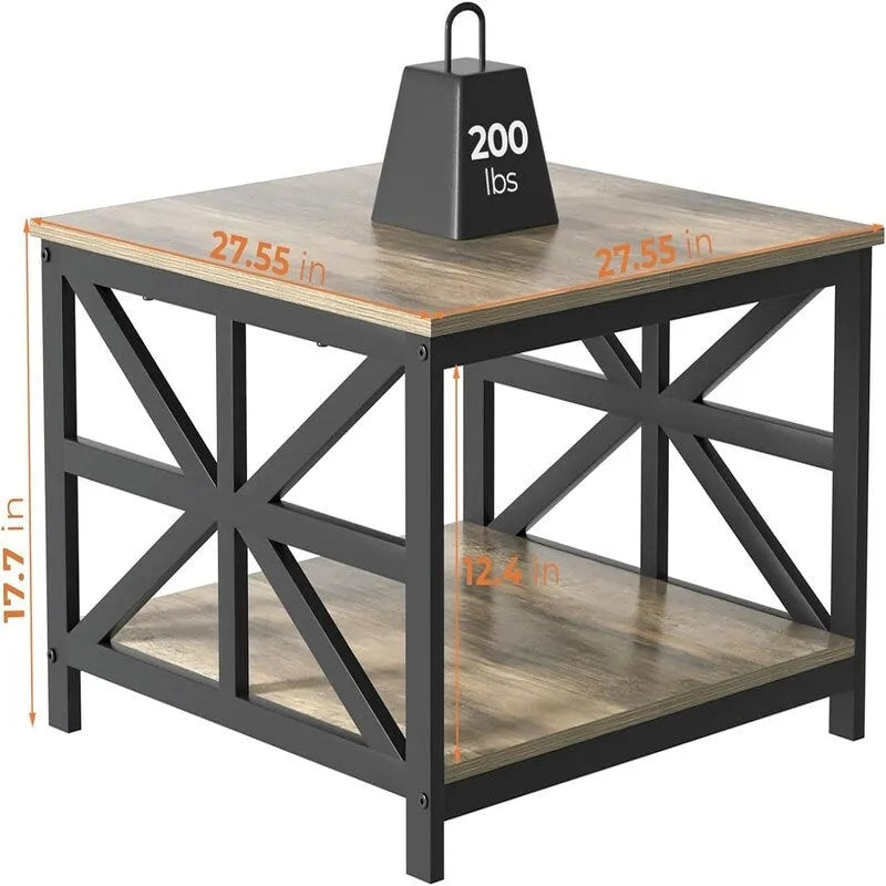 Square Coffee Table with Storage Shelves and X-Shape Metal Legs, 27.6 x 27.6 x 17.7 Inch