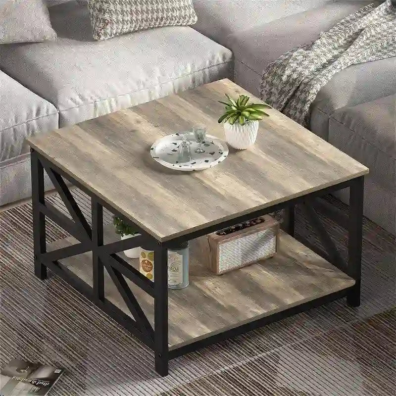 Square Coffee Table with Storage Shelves and X-Shape Metal Legs, 27.6 x 27.6 x 17.7 Inch
