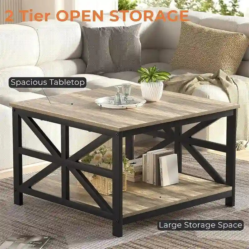 Square Coffee Table with Storage Shelves and X-Shape Metal Legs, 27.6 x 27.6 x 17.7 Inch