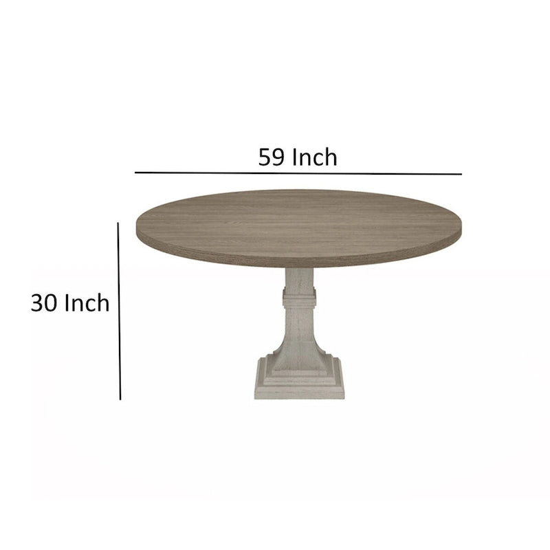 59 Inch Dining Table, Round Top with Pedestal Base, White, Gray