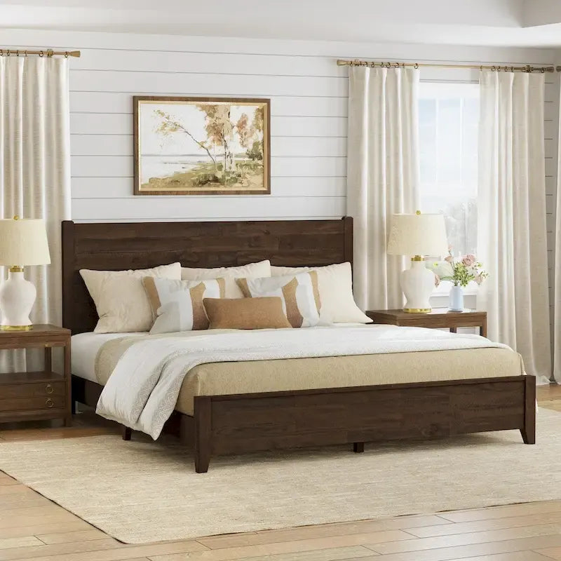 Pine Platform Bed with Distressed Headboard, Solid Wood Queen/King/Full Bed Frame